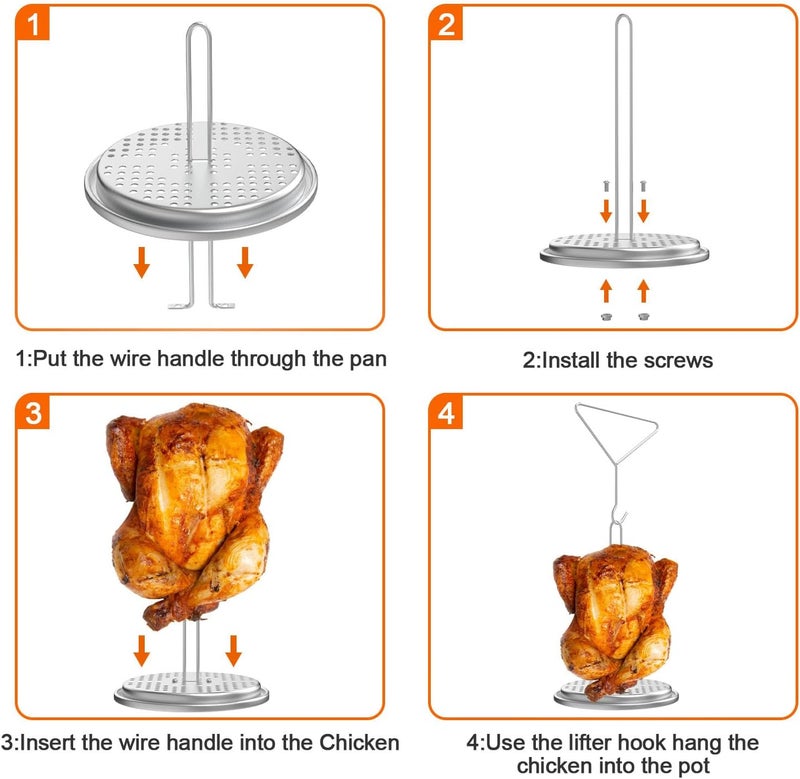 DELSbbq Turkey Fryer Stand Kit, Chicken Roaster Stand, Stainless Steel Poultry Frying Replacement with Lifter Hook,Vertical Rack and Perforated Holder Base, Turkey Fryer Accessories for Deep Fryer Pot - Image 5